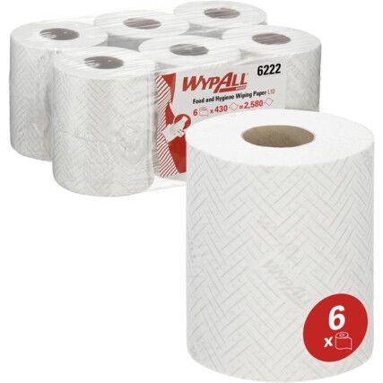 Wypall L10, Centrefeed, White, 1ply, 430 sheets per roll, 6 rolls per case