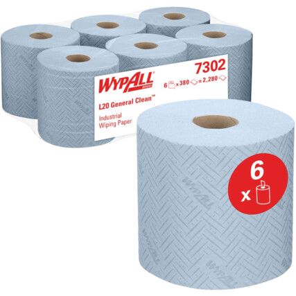 Wypall L20, Centrefeed, Blue, 2 ply, 380 sheets per roll, 6 rolls per case