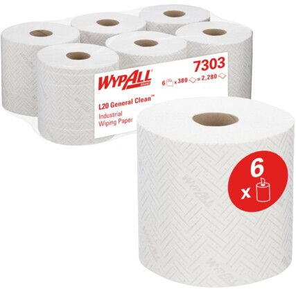 Wypall L20, Centrefeed, White, 2 ply, 380 sheets per roll, 6 rolls per case