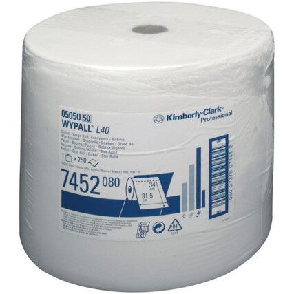 L40, Centrefeed Wiper Roll, White, Single Ply, 1 Roll