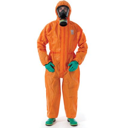 Microchem, Chemical Protective Coveralls, Disposable, Type 3/4/5, Orange, Multi-layer non woven barrier laminate fabric, Zipper Closure, L